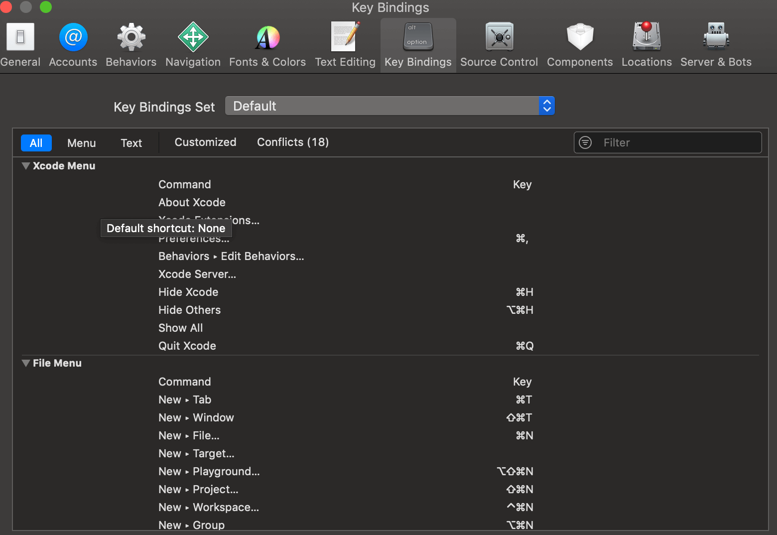 key bindings menu in xcode screenshot