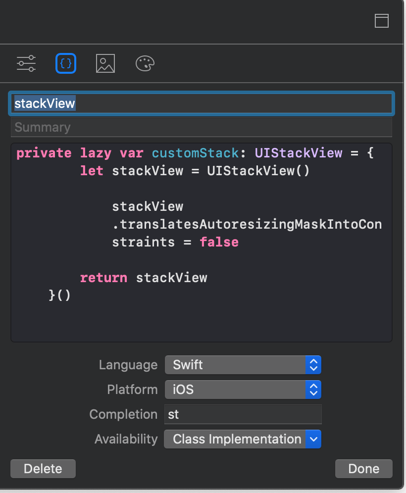 Xcode create snippet screenshot