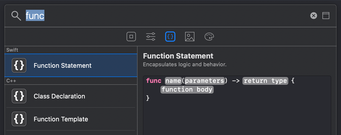 Xcode library filter screenshot