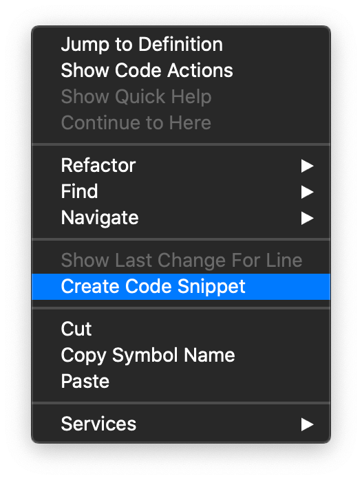 Xcode menu options screenshot