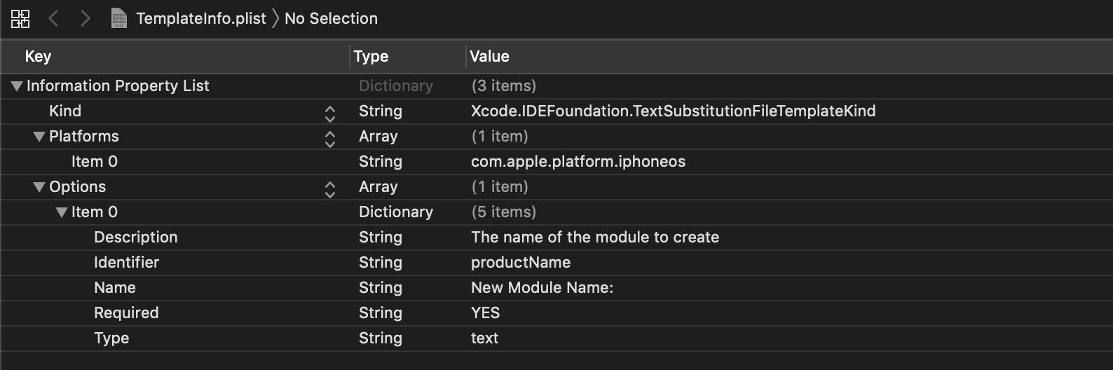 Xcode custom template TemplateInfo.plist screenshot